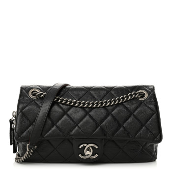 CHANEL Glazed Calfskin Quilted Medium Duo Color Flap Black
