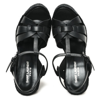 SAINT LAURENT Calfskin Tribute 95 Platform Espadrille Wedge Sandals 38.5 Black