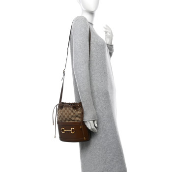 GUCCI Monogram Textured Calfskin Horsebit 1955 Drawstring Bucket Bag Beige Brown Sugar