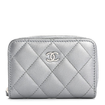 CHANEL Iridescent Calfskin Quilted Zip Coin Purse Wallet Light Blue