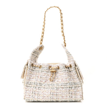 CHANEL Tweed Quilted Small Chanel 25 Handbag Ecru Khaki Gold Red
