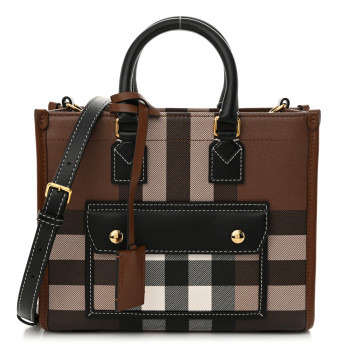 BURBERRY E-Canvas Check Calfskin Mini Freya Tote Dark Birch Brown