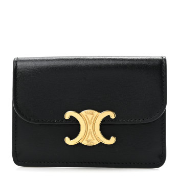 CELINE Shiny Calfskin Triomphe Flap Card Holder Black