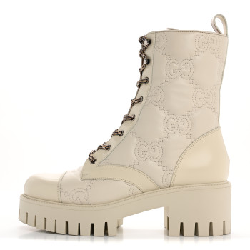 GUCCI Cordovan Lux Nappa GG Matelasse Lace Up 60mm Combat Boots 39 Milk White