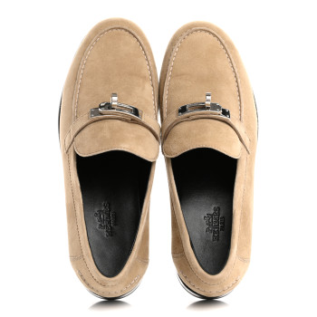 HERMES Suede Goatskin Womens Destin Loafers 36 Beige Argile