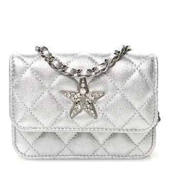 CHANEL Metallic Goatskin Quilted Crystal CC Walk Of Fame Clutch With Chain Silver