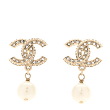 CHANEL Crystal Timeless CC Pearl Drop Earrings Light Gold