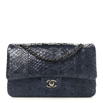 CHANEL Metallic Snakeskin Medium Double Flap Blue