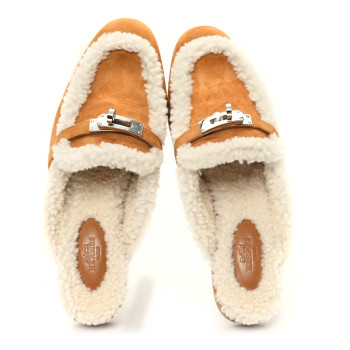HERMES Suede Goatskin Shearling Womens Oz Mules 37.5 Natural Ecru