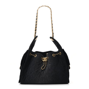 CHANEL Washed Denim Quilted Small Chanel 25 Handbag Black