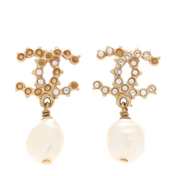 CHANEL Pearl Crystal CC Drop Earrings Gold