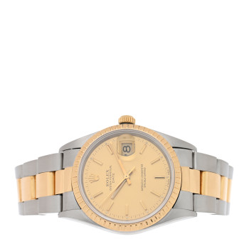 ROLEX Stainless Steel 18K Yellow Gold 34mm Oyster Perpetual Date Watch Champagne 15223