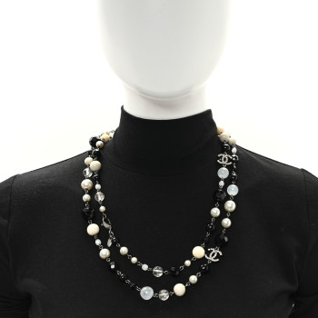 CHANEL Pearl Crystal Bead CC Long Necklace Black Silver