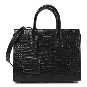 SAINT LAURENT Calfskin Crocodile Embossed Nano Sac De Jour Black