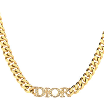 CHRISTIAN DIOR Metal Crystal Chain Choker Necklace Gold