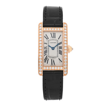 CARTIER 18K Pink Gold Alligator Diamond Bezel 19mm Tank Americaine Quartz Watch