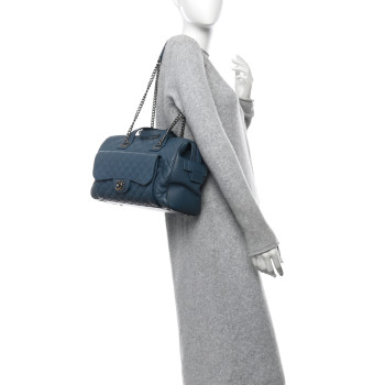 CHANEL Grained Calfskin Quilted Large Casual Pocket Bowling Bag Blue