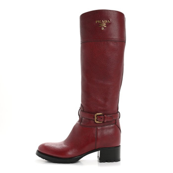 PRADA Calfskin Metal Logo Block Heel 65mm Knee Boots 39.5 Red