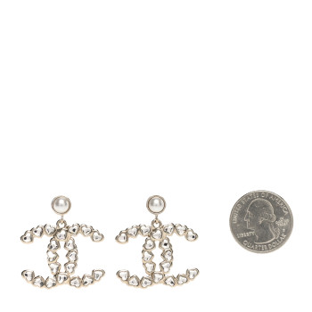 CHANEL Pearl Crystal Heart CC Drop Earrings Gold