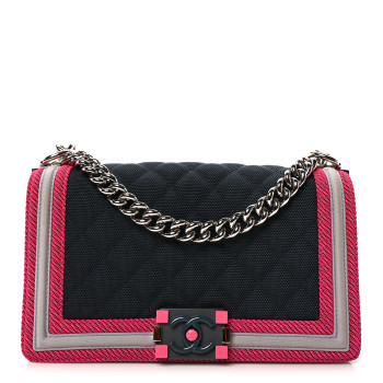 CHANEL Canvas Quilted Medium Fluo Boy Flap Dark Navy Fuchsia Grey