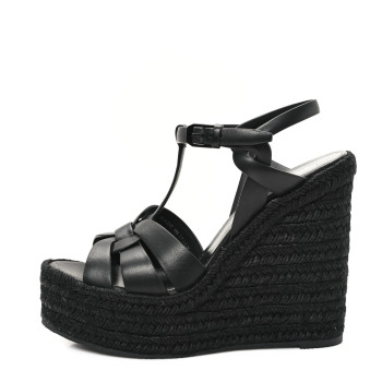 SAINT LAURENT Calfskin Tribute 95 Platform Espadrille Wedge Sandals 38.5 Black