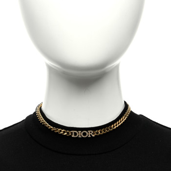 CHRISTIAN DIOR Metal Crystal Chain Choker Necklace Gold