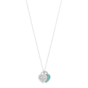TIFFANY Sterling Silver Enamel Diamond Return to Tiffany Double Small Heart Tag Pendant Necklace Blue