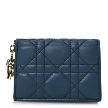 CHRISTIAN DIOR Lambskin Cannage Small Lady Dior Flap Card Holder Deep Ocean