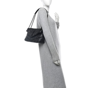 SAINT LAURENT Lambskin Quilted Monogram Monochrome Small Loulou Puffer Chain Satchel Black