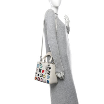 CHRISTIAN DIOR Calfskin Patch Embellished Medium Lady Dior White