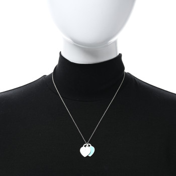 TIFFANY Sterling Silver Enamel Diamond Return to Tiffany Double Small Heart Tag Pendant Necklace Blue