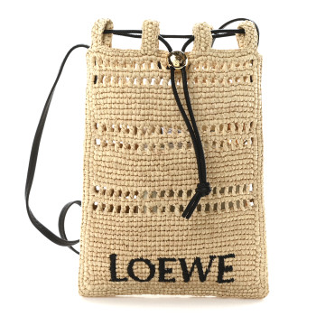 LOEWE Raffia Logo Drawstring Pocket Crossbody Natural Black