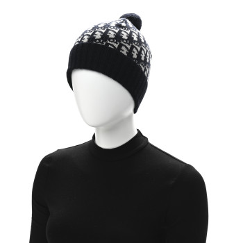 CHRISTIAN DIOR Cashmere Oblique PomPom Beanie Navy Blue