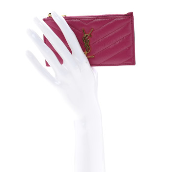 SAINT LAURENT Grain De Poudre Matelasse Chevron Monogram Fragments Zippered Card Case Fresh Fuxia