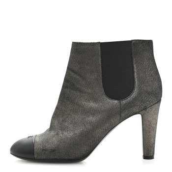 CHANEL Embossed Lambskin Calfskin CC Cap Toe Ankle Boots 40 Argent Fonce Black
