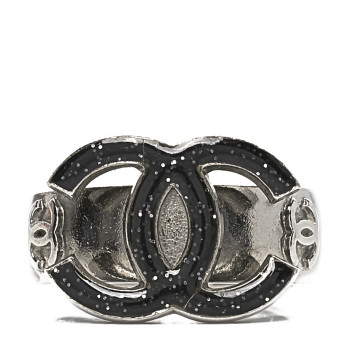 CHANEL Glitter Enamel CC Ring 52 6 Black Silver