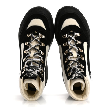 CHANEL Wool Suede Calfskin Nylon CC Lace Up Ankle Snow Boots 39.5 Ivory Black