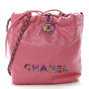 CHANEL Shiny Calfskin Quilted Rainbow Metal Mini Chanel 22 Coral Pink