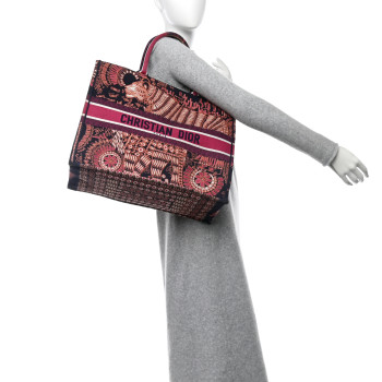 CHRISTIAN DIOR Canvas Embroidered Dior Animals Tiger Book Tote Deep Blue Fuchsia