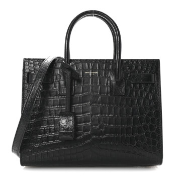 SAINT LAURENT Calfskin Crocodile Embossed Baby Sac De Jour Black
