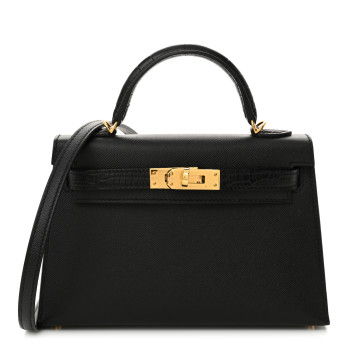 HERMES Madame Calfskin Matte Alligator Mini Kelly Sellier Touch 20 Black