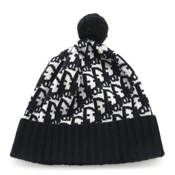 CHRISTIAN DIOR Cashmere Oblique PomPom Beanie Navy Blue