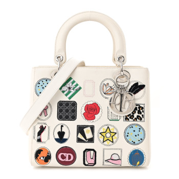 CHRISTIAN DIOR Calfskin Patch Embellished Medium Lady Dior White