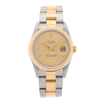 ROLEX Stainless Steel 18K Yellow Gold 34mm Oyster Perpetual Date Watch Champagne 15223