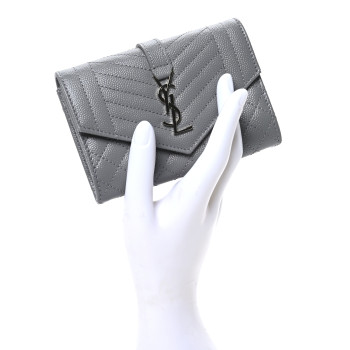 SAINT LAURENT Grain De Poudre Textured Mixed Matelasse Triquilt Small Monogram Envelope Wallet Stone Grey