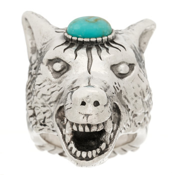 GUCCI Sterling Silver Turquoise Anger Forest Wolf Head Ring 58 8.5