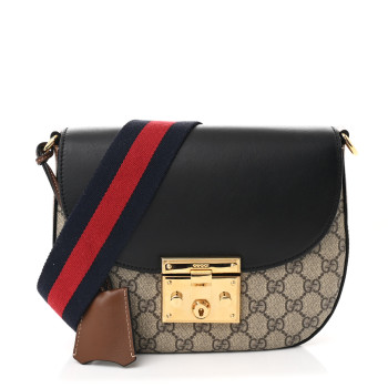 GUCCI GG Supreme Monogram Web Medium Padlock Messenger Shoulder Bag Black