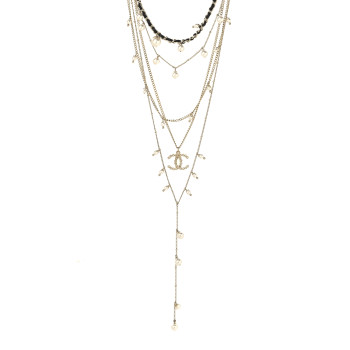 CHANEL Pearl Crystal Lambskin CC Short Multi Strand Necklace Gold Black