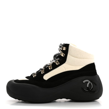 CHANEL Wool Suede Calfskin Nylon CC Lace Up Ankle Snow Boots 39.5 Ivory Black