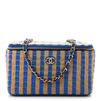 CHANEL Raffia Jute Striped Small Vanity Case With Chain Blue Beige